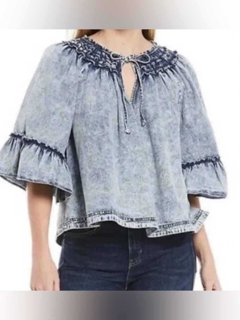 Free People - Washed Denim Smocked Peasant Top - Light Blue